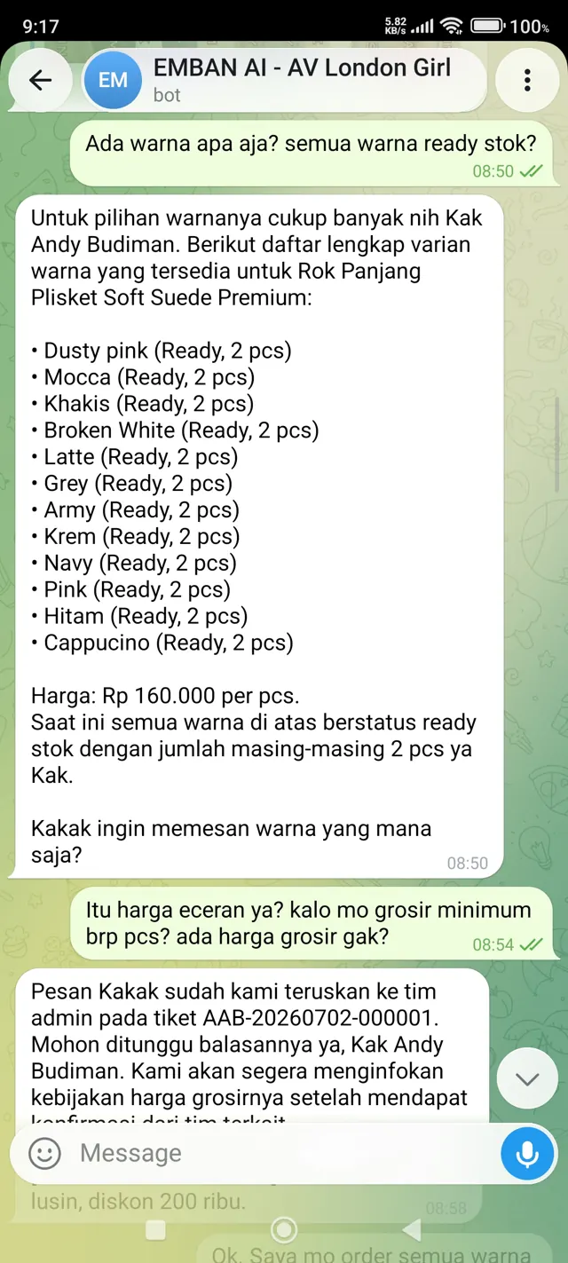 Percakapan nyata: Admin Toko AI memberikan informasi produk dan harga kepada pembeli