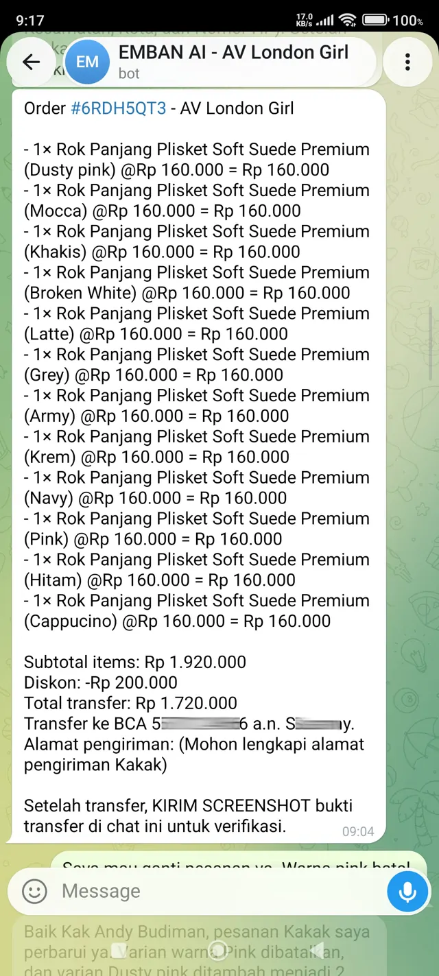 Percakapan nyata: Admin Toko AI merangkum pesanan dan memberikan instruksi pembayaran