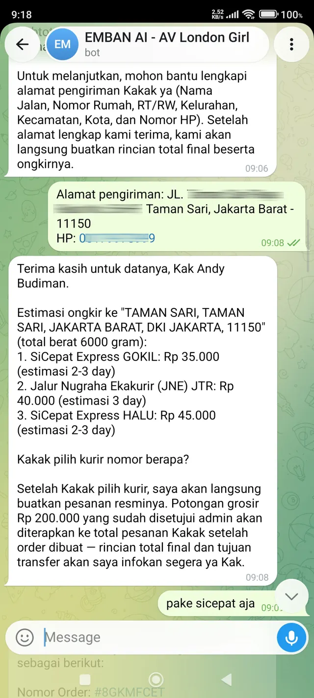 Percakapan nyata: pembeli mengirim bukti transfer dan Admin Toko AI memverifikasi pembayaran