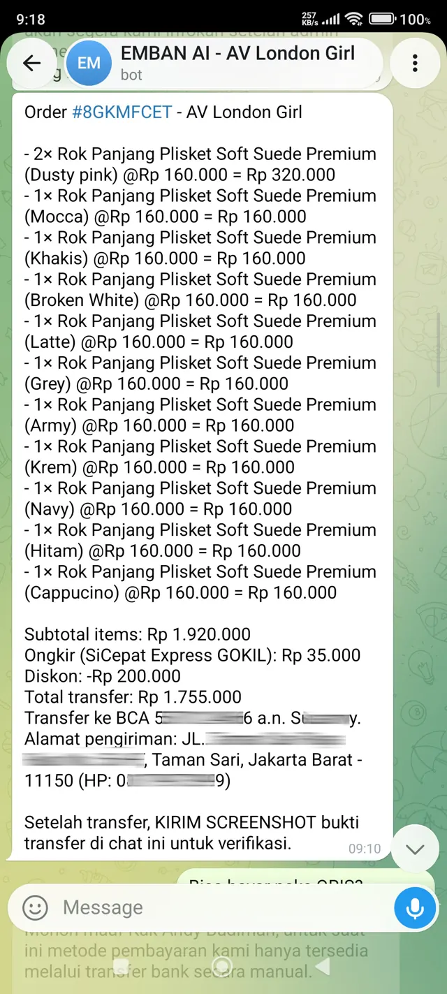 Percakapan nyata: Admin Toko AI mengonfirmasi pesanan pembeli sedang diproses